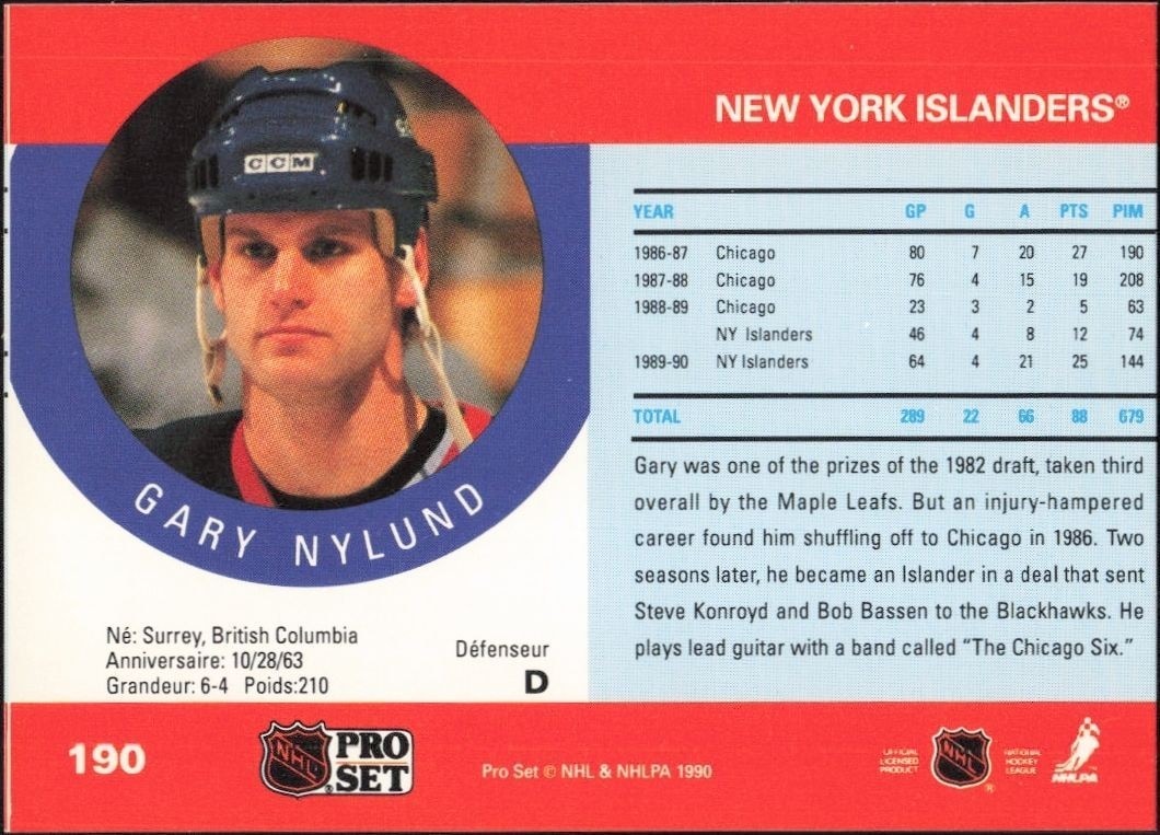 1990-91 Pro Set Gary Nylund #190 hockey trading card back