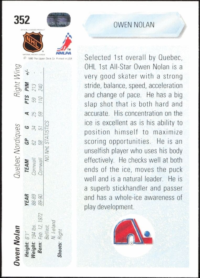 1990-91 Upper Deck Owen Nolan #352 hockey trading card back