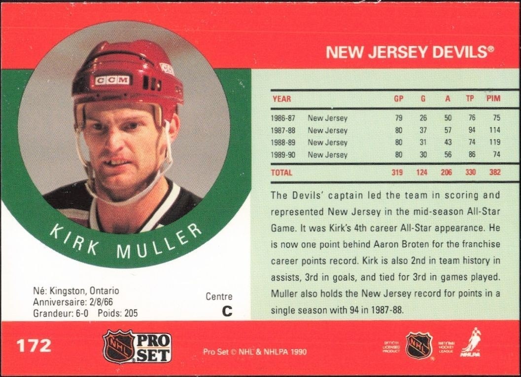 1990-91 Pro Set Kirk Muller #172 hockey trading card back
