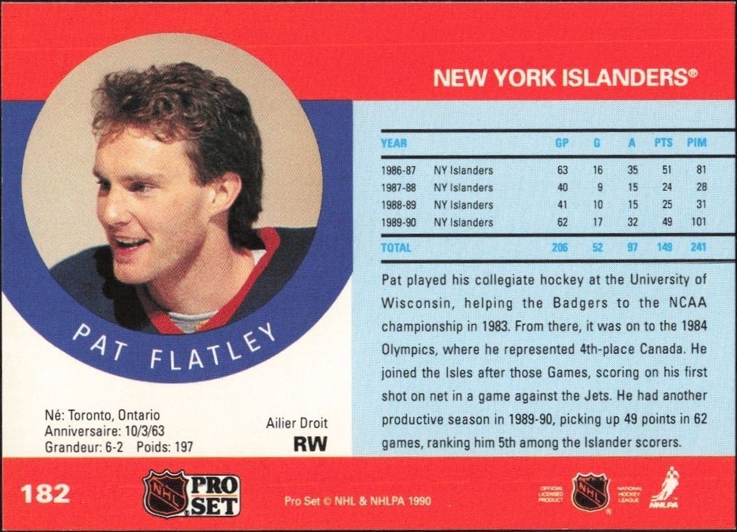 1990-91 Pro Set Patrick Flatley #182 hockey trading card back
