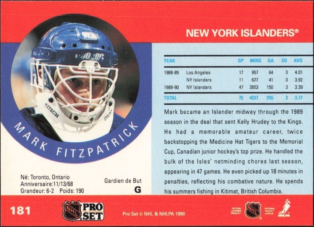 1990-91 Pro Set Mark Fitzpatrick #181 hockey trading card back