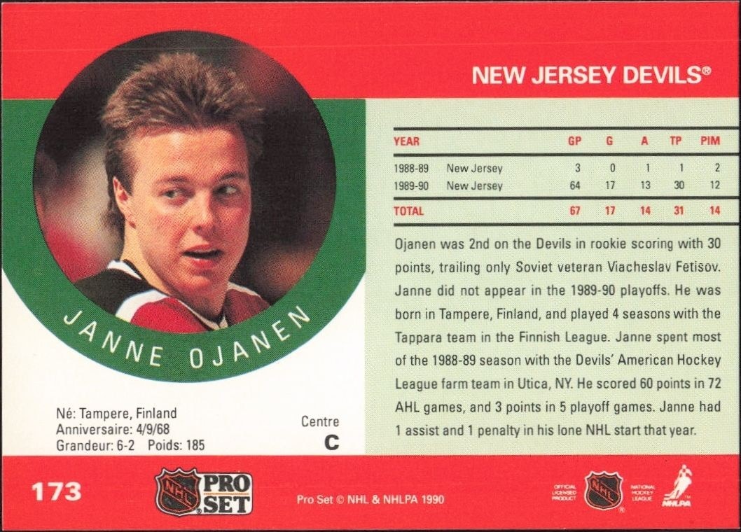 1990-91 Pro Set Janne Ojanen #173 hockey trading card back