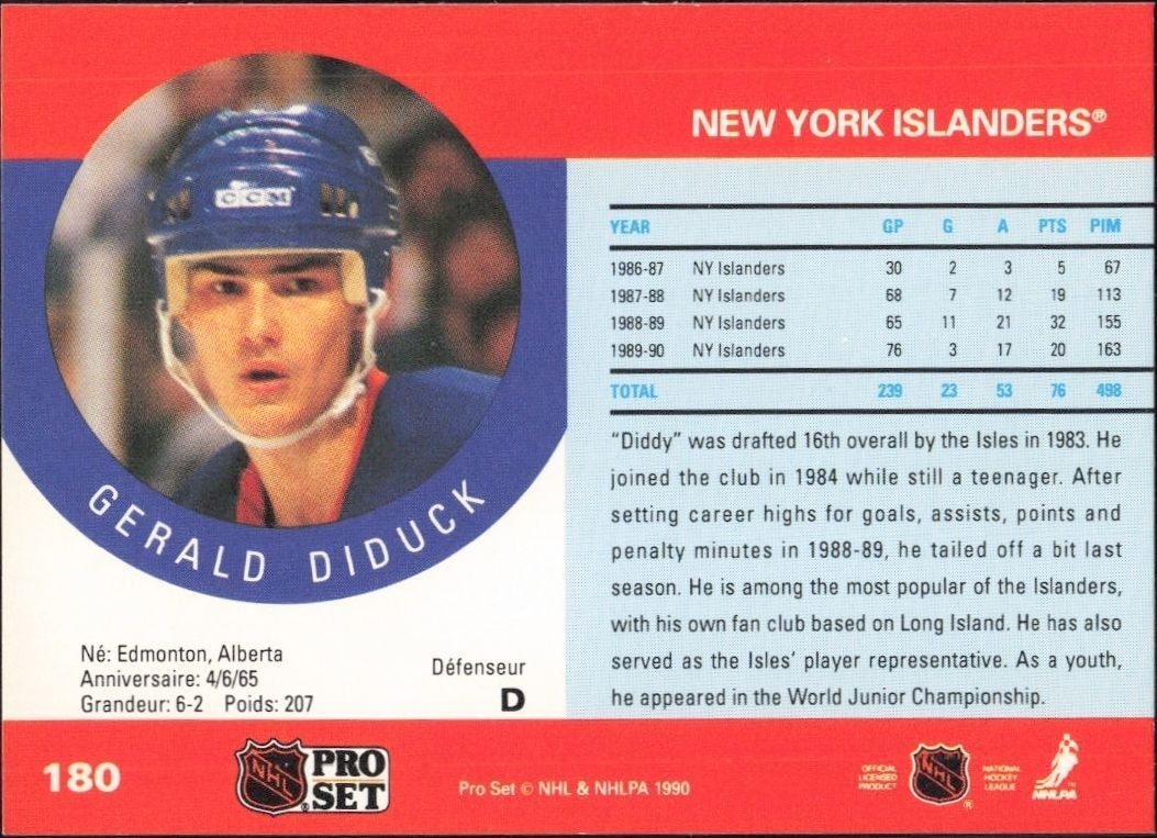 1990-91 Pro Set Gerald Diduck #180 hockey trading card back