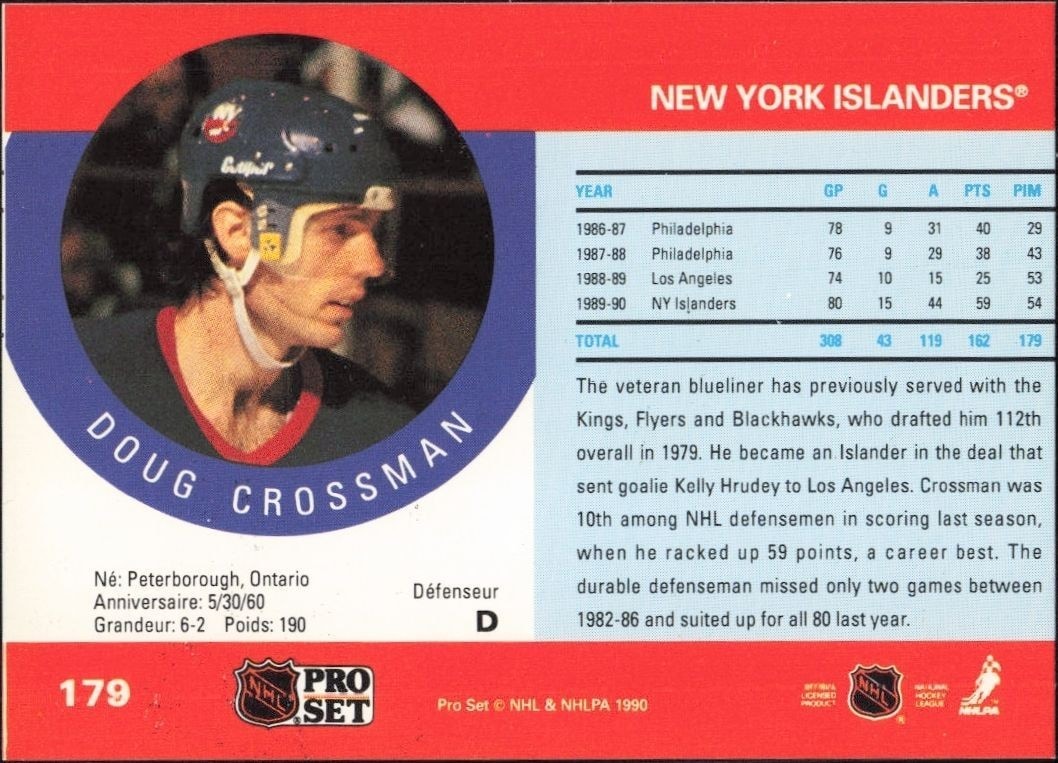 1990-91 Pro Set Doug Crossman #179 hockey trading card back
