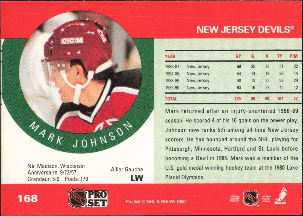 1990-91 Pro Set Mark Johnson #168 hockey trading card back