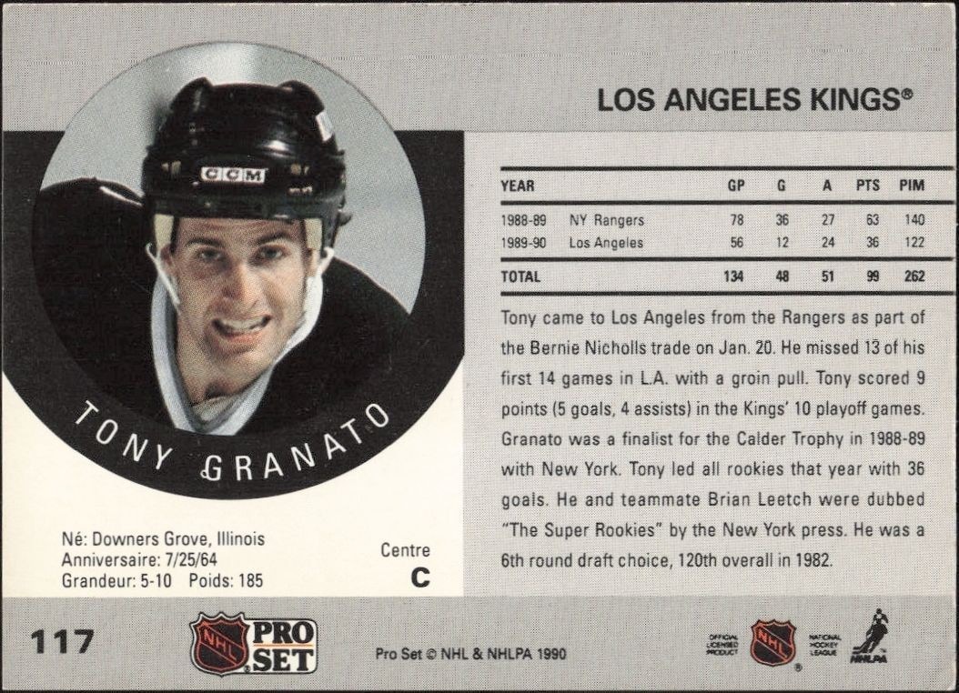 1990-91 Pro Set Tony Granato #117 hockey trading card back