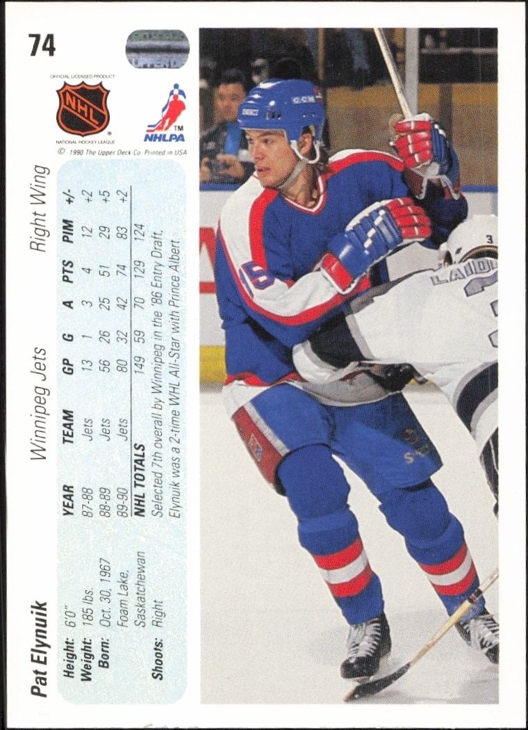 1990-91 Upper Deck Pat Elynuik #74 hockey trading card back