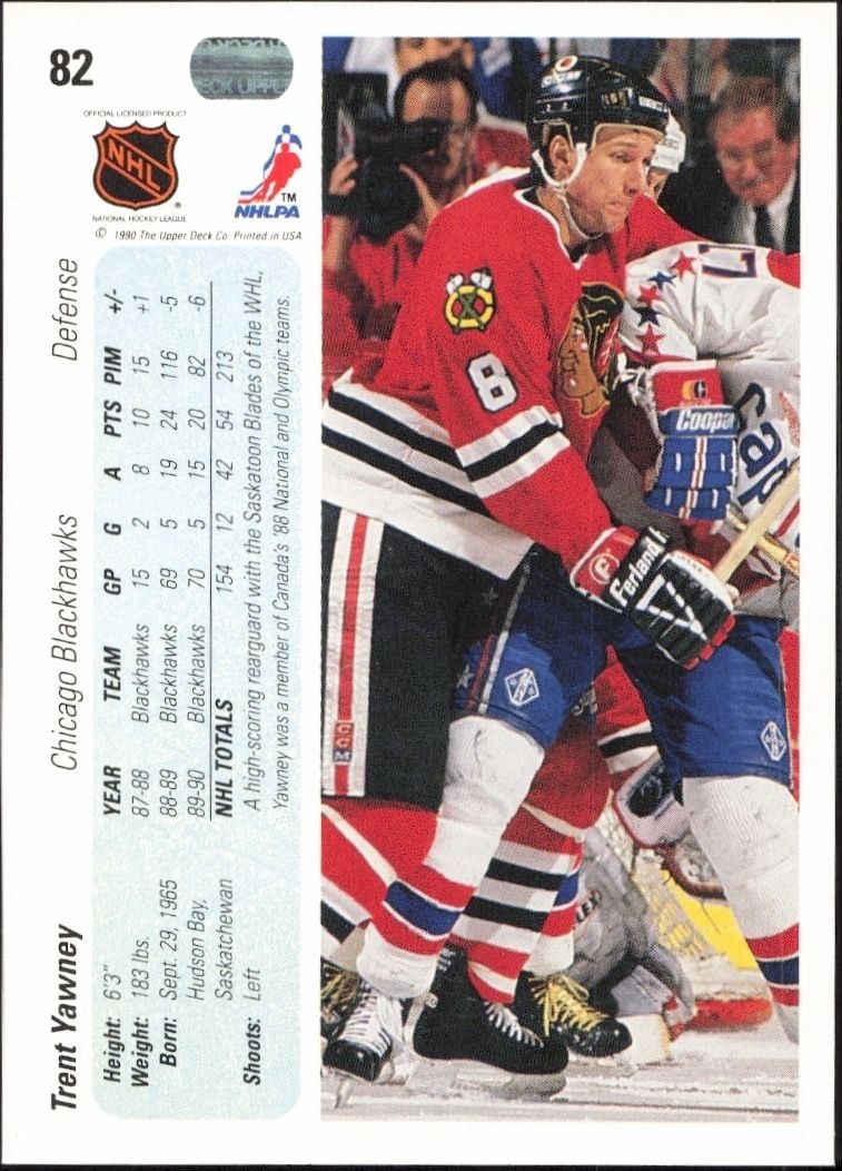 1990-91 Upper Deck Trent Yawney #82 hockey trading card back