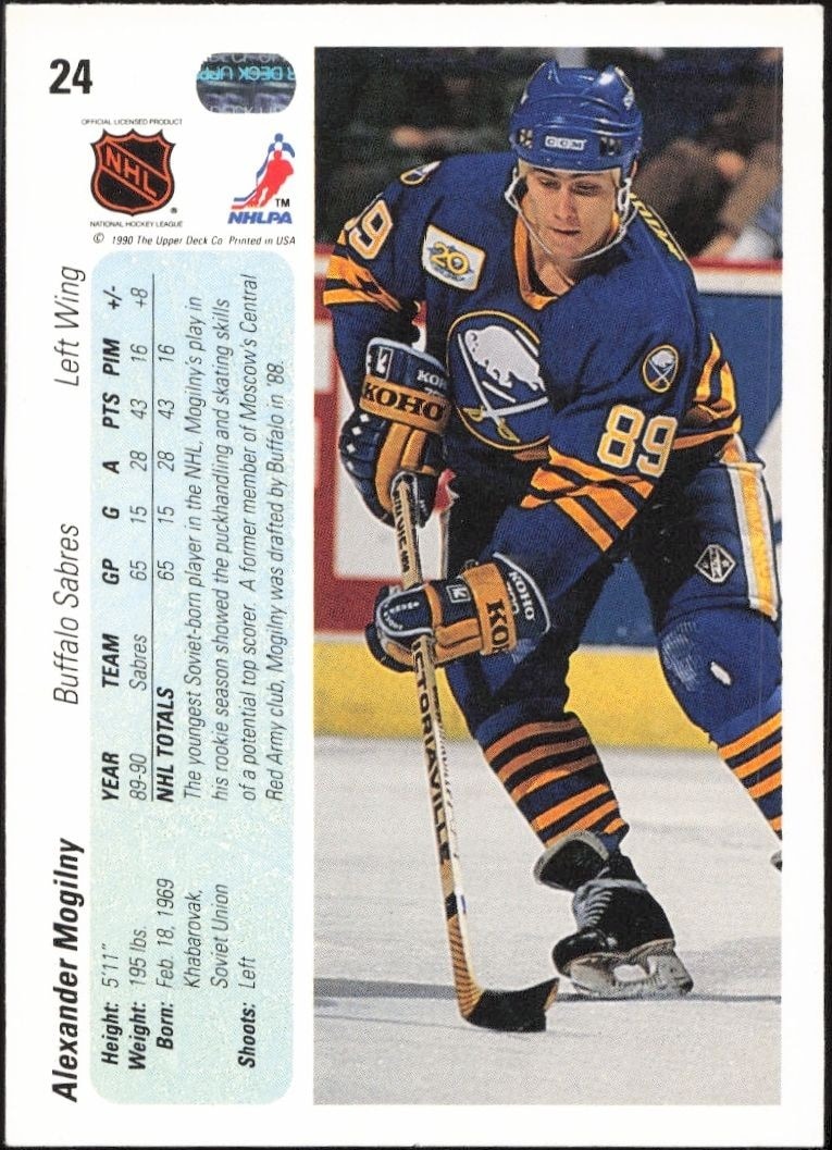 1990-91 Upper Deck Alexander Mogilny #24 hockey trading card back