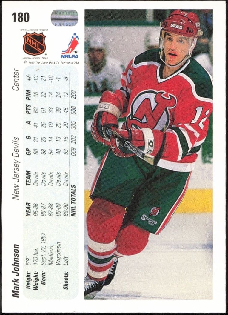1990-91 Upper Deck Mark Johnson #180 hockey trading card back