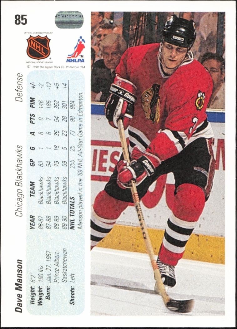 1990-91 Upper Deck Dave Manson #85 hockey trading card back