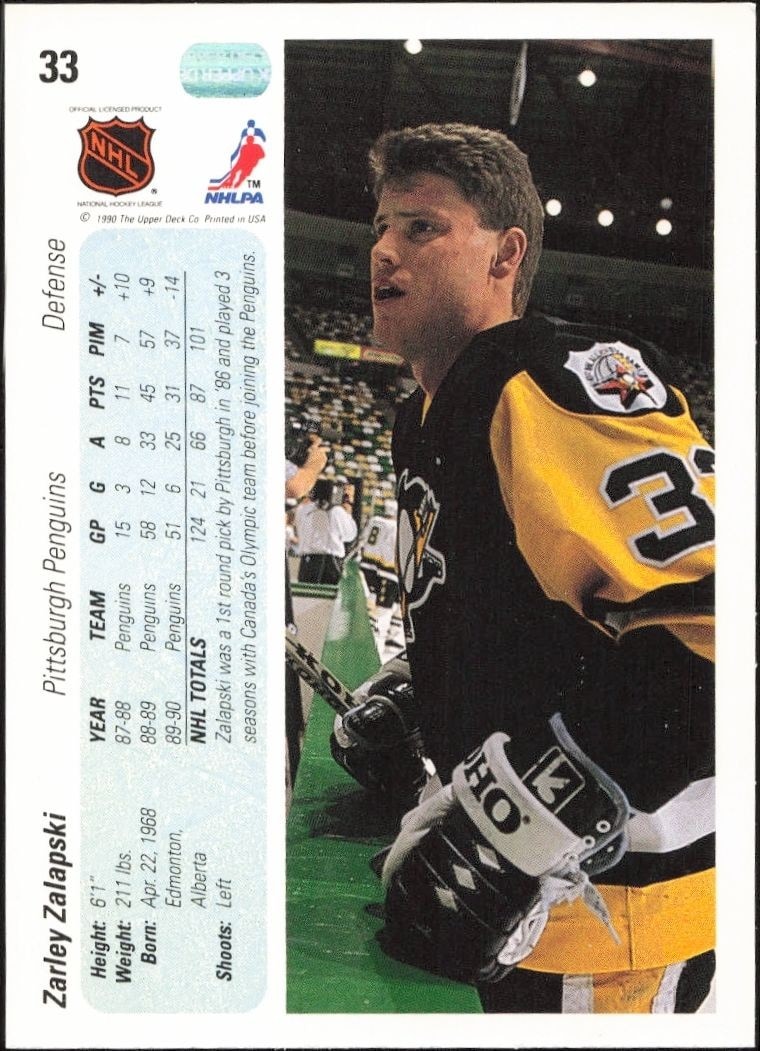 1990-91 Upper Deck Zarley Zalapski #33 hockey trading card back