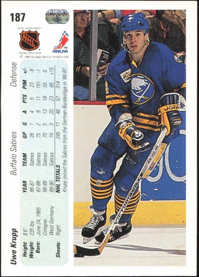 1990-91 Upper Deck Uwe Krupp #187 hockey trading card back