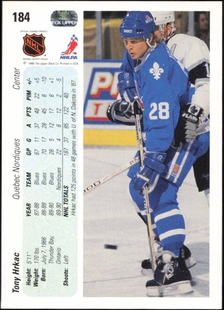 1990-91 Upper Deck Tony Hrkac #184 hockey trading card back