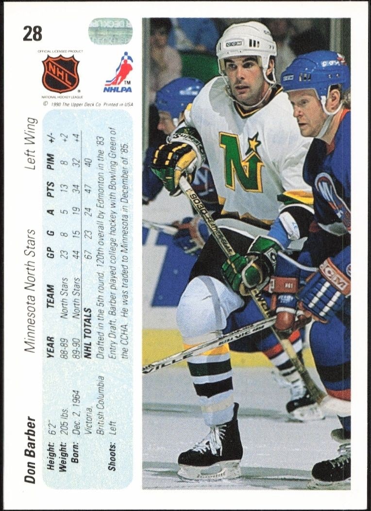 1990-91 Upper Deck Don Barber #28 hockey trading card back