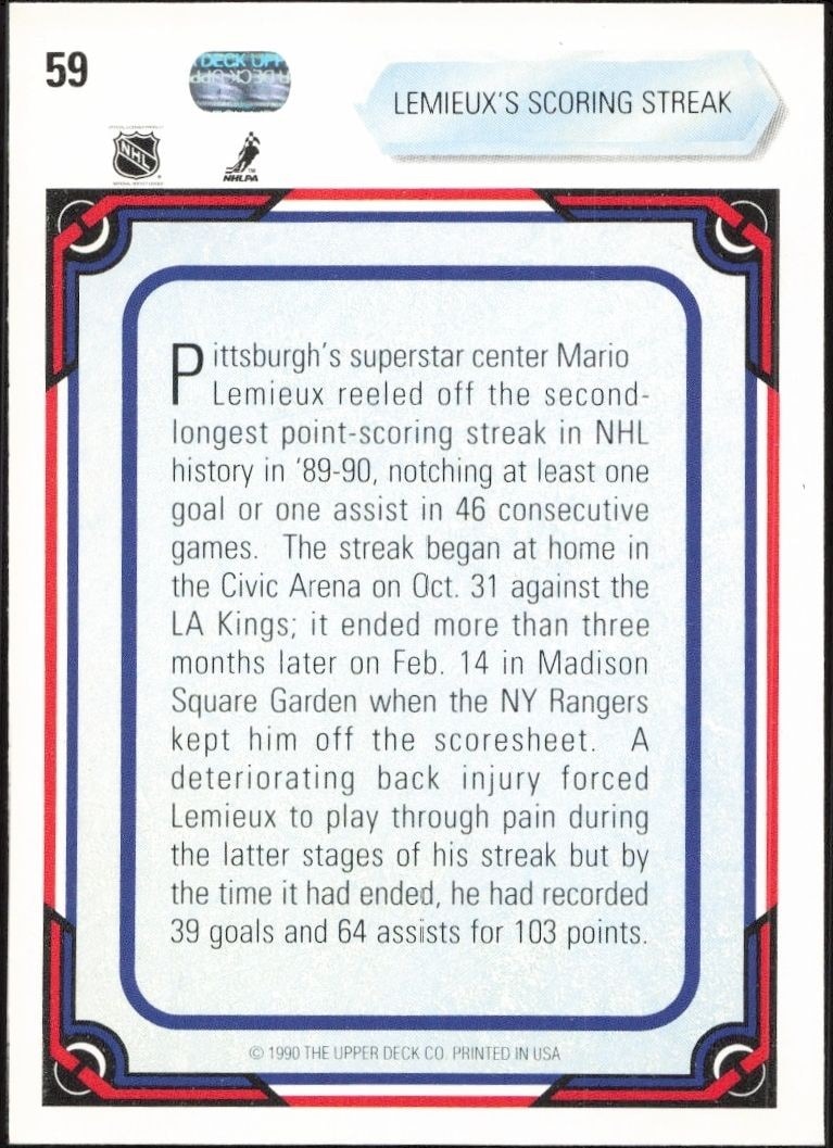 1990-91 Upper Deck Mario Lemieux #59 hockey trading card back