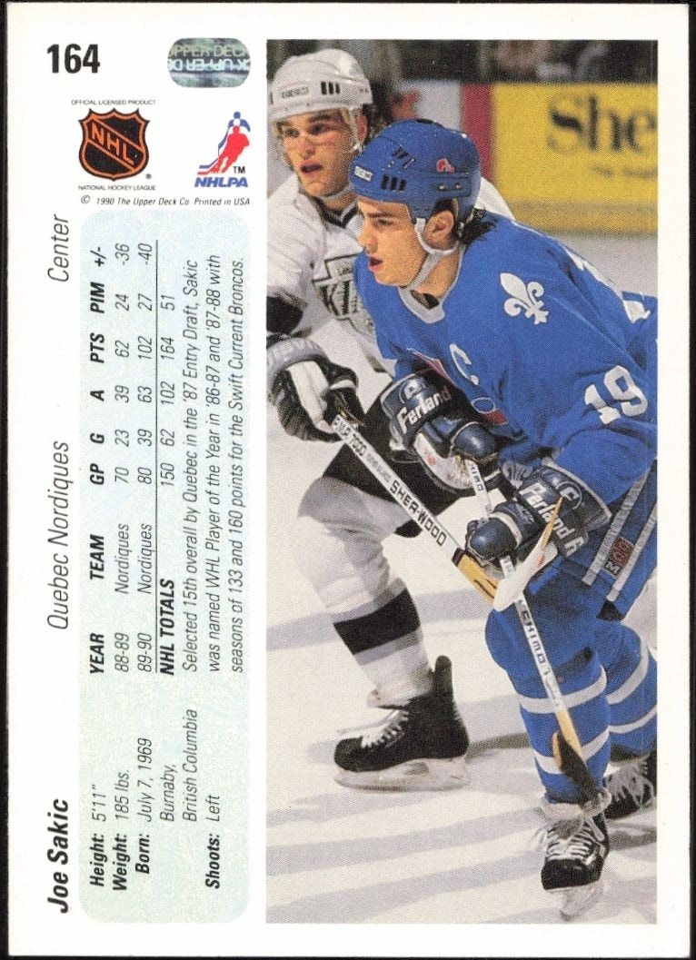 1990-91 Upper Deck Joe Sakic #164 hockey trading card back