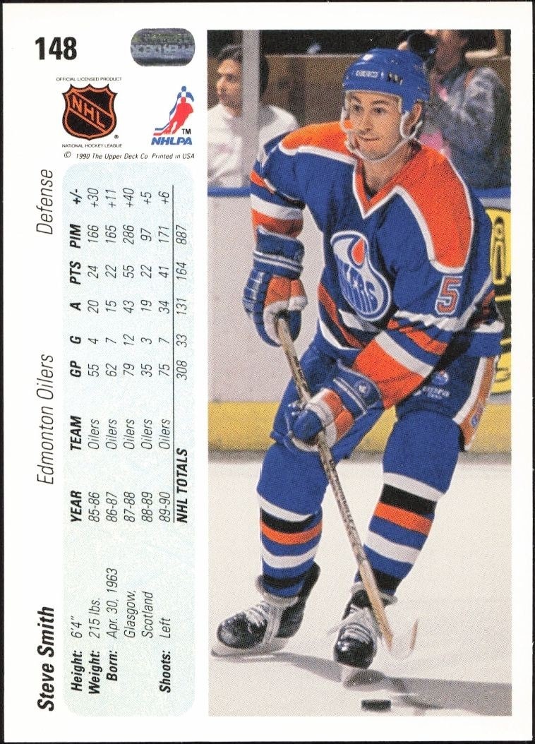 1990-91 Upper Deck Steve Smith #148 hockey trading card back