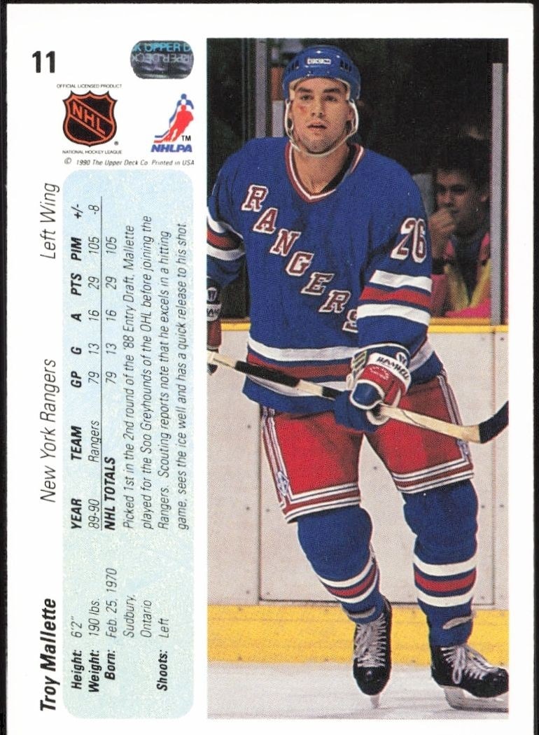 1990-91 Upper Deck Troy Mallette #11 hockey trading card back