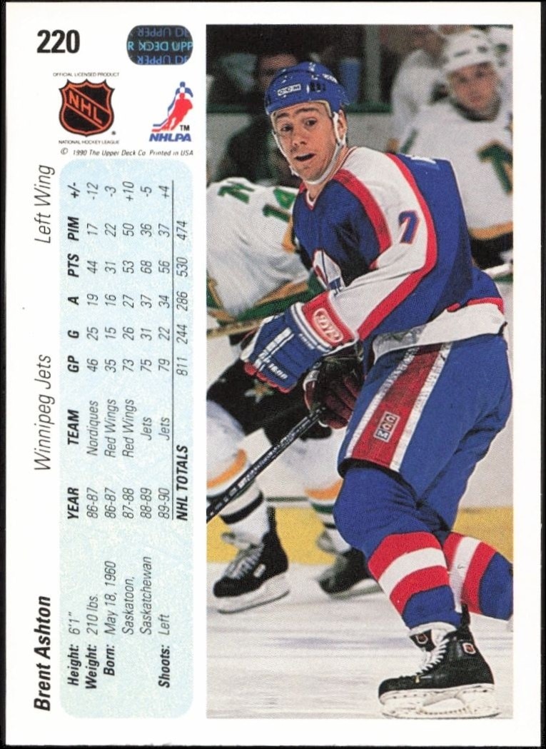 1990-91 Upper Deck Brent Ashton #220 hockey trading card back