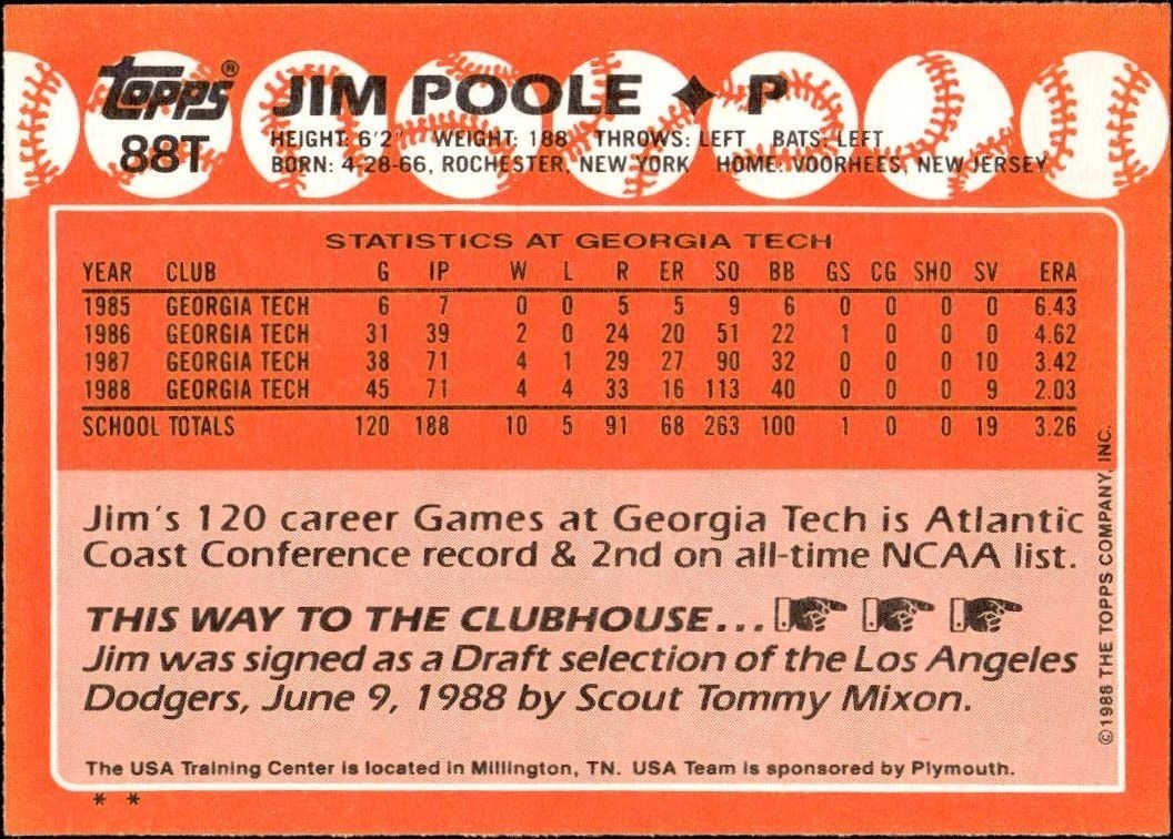 1988 Topps Traded Jim Poole #88T baseball trading card back