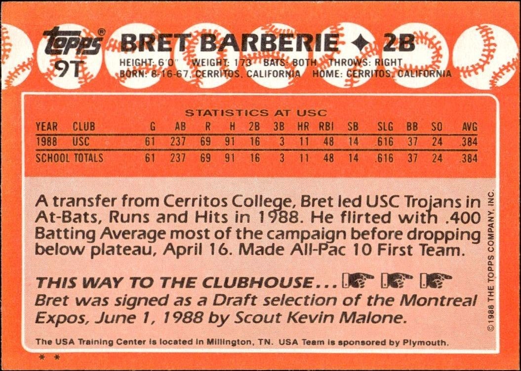 1988 Topps Traded Bret Barberie #9T baseball trading card back