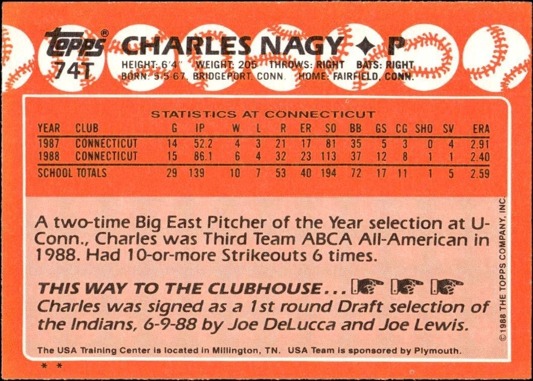 1988 Topps Traded Charles Nagy #74T baseball trading card back