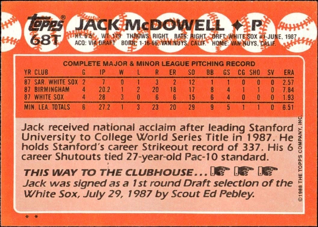 1988 Topps Traded Jack McDowell #68T baseball trading card back