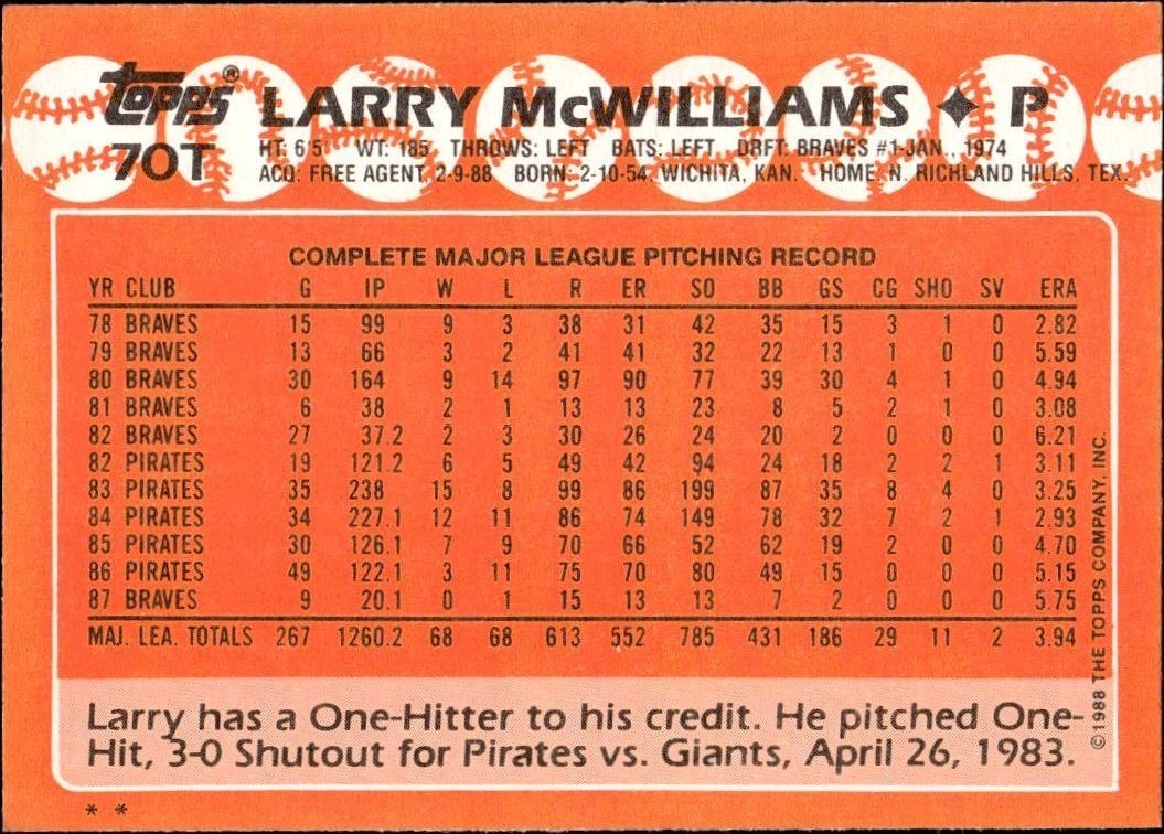 1988 Topps Traded Larry McWilliams #70T baseball trading card back