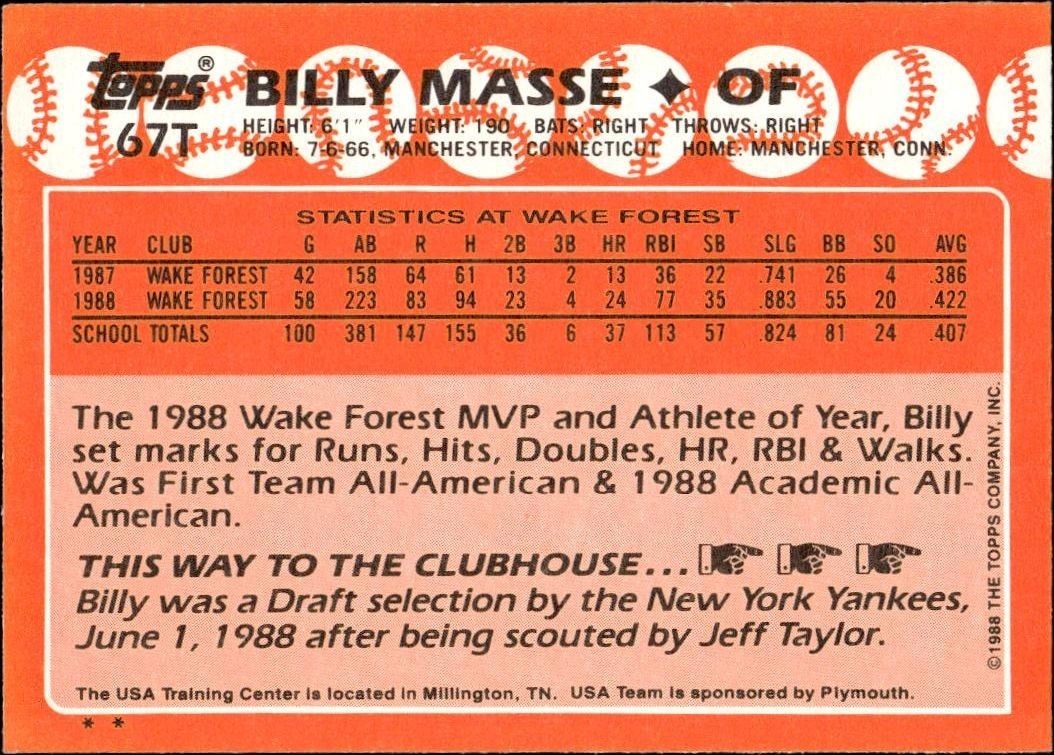 1988 Topps Traded Billy Masse #67T baseball trading card back