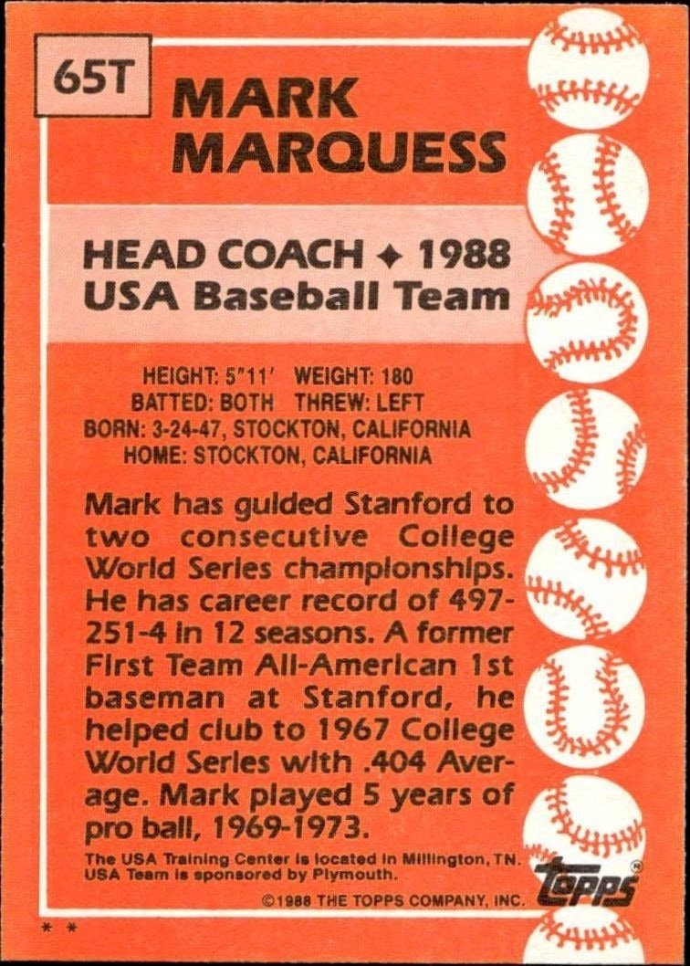 1988 Topps Traded Mark Marquess #65T baseball trading card back