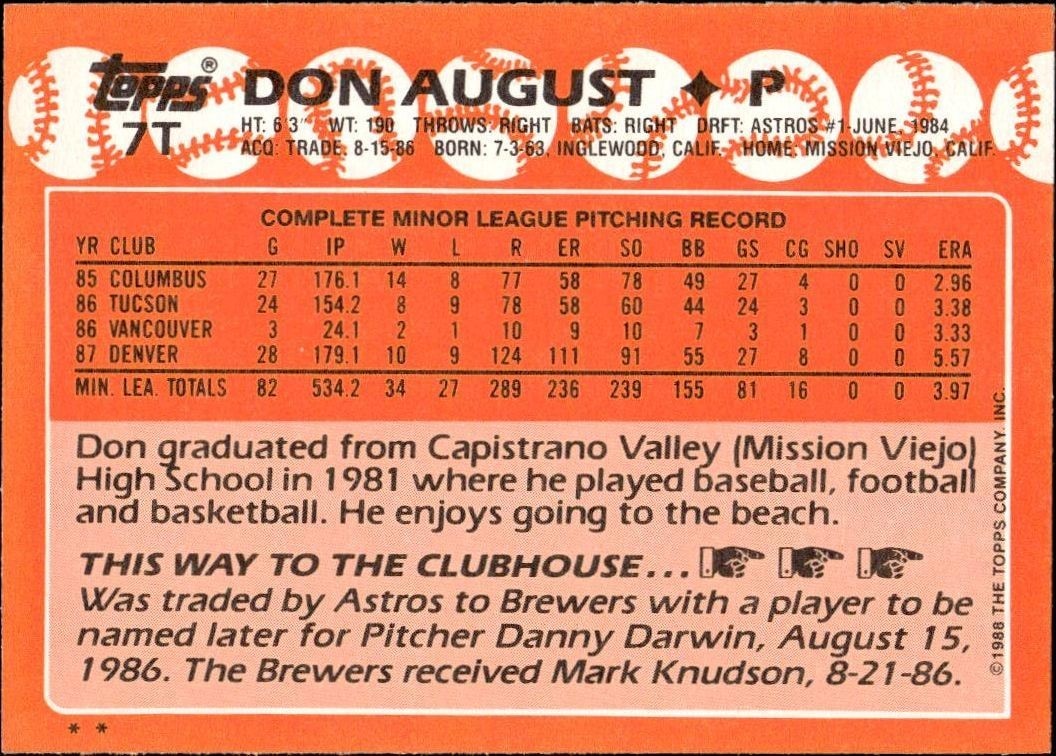 1988 Topps Traded Don August #7T baseball trading card back
