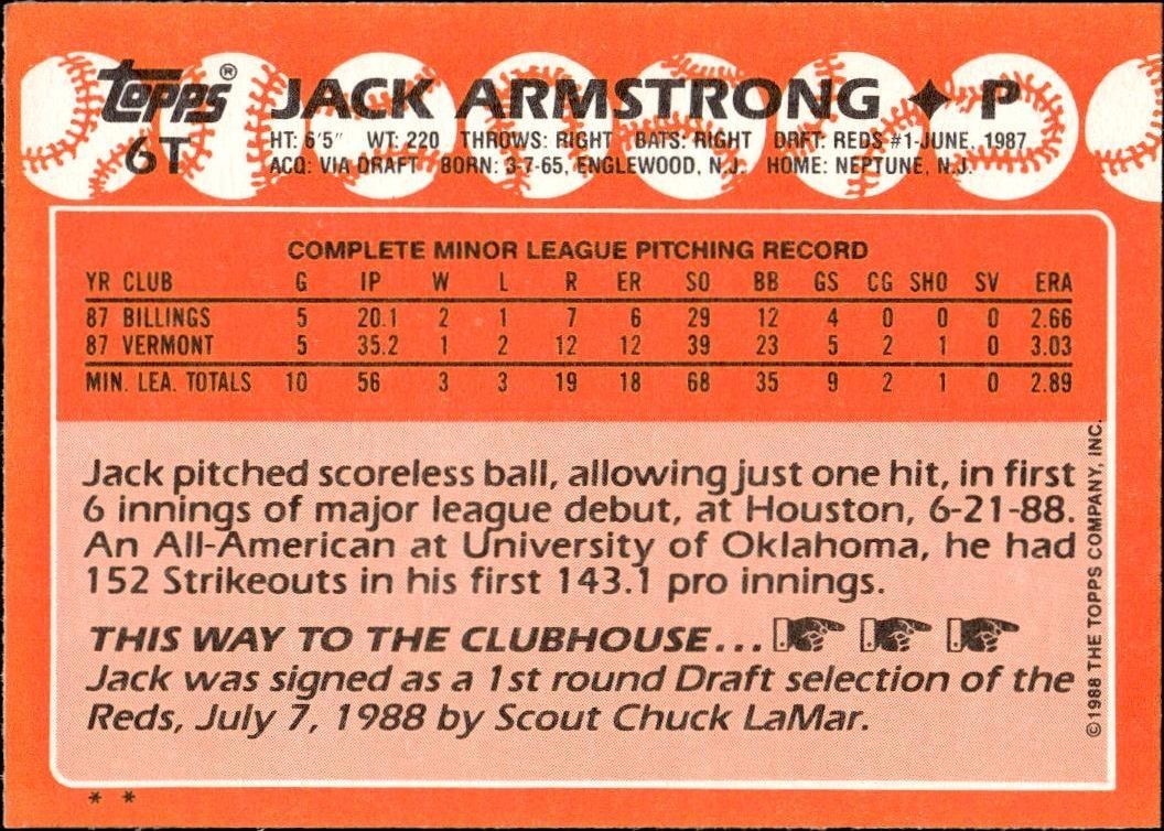 1988 Topps Traded Jack Armstrong #6T baseball trading card back