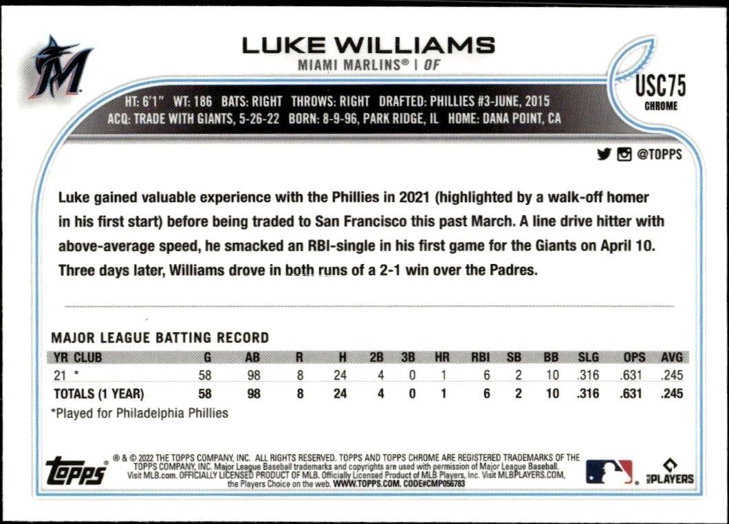 2022 Topps Chrome Update Luke Williams #USC75 baseball trading card back