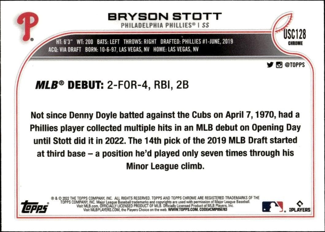 2022 Topps Chrome Update Bryson Stott #USC128 baseball trading card back