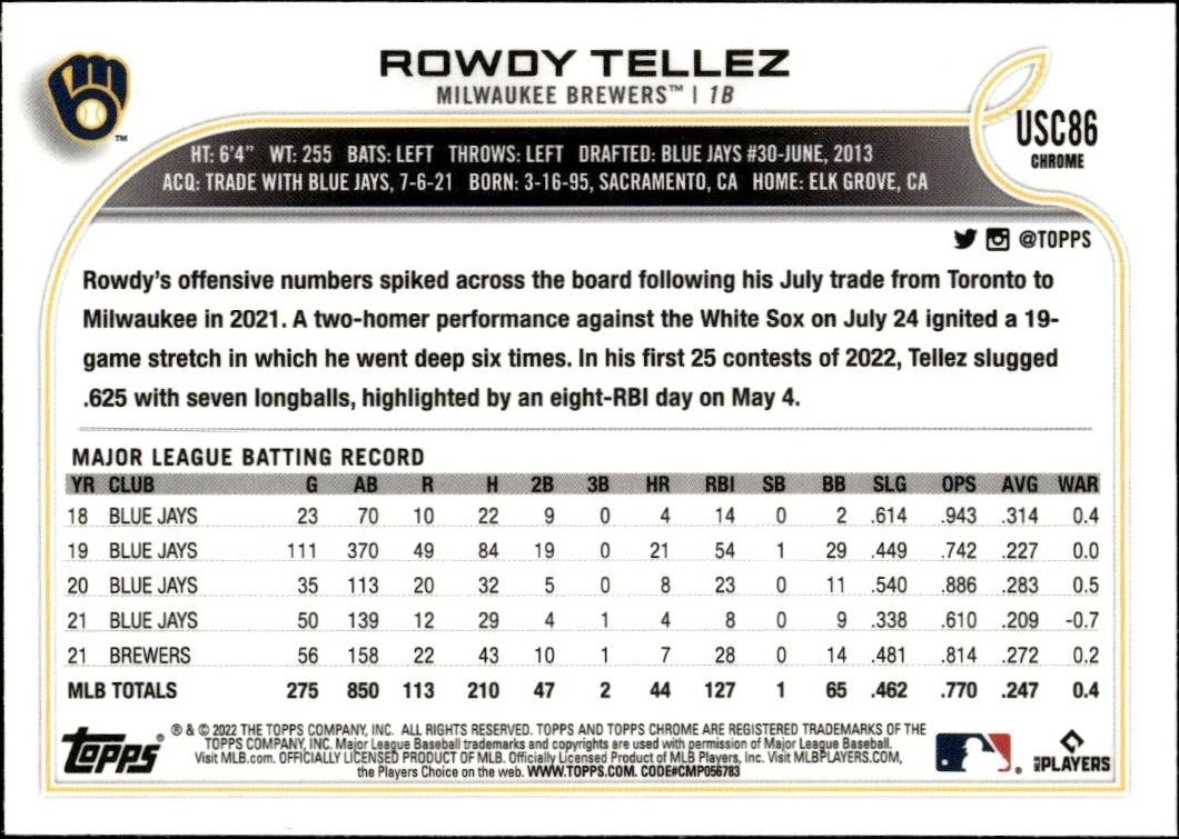 2022 Topps Chrome Update Rowdy Tellez #USC86 baseball trading card back