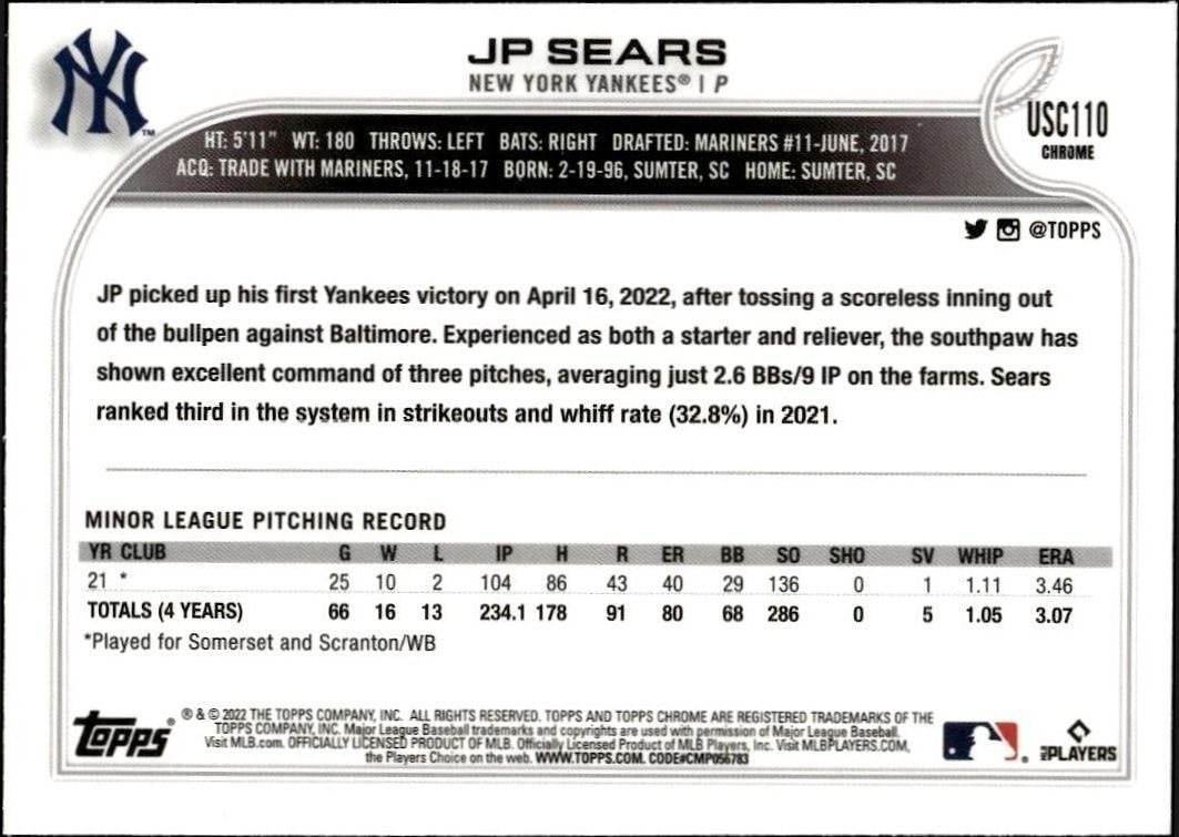 2022 Topps Chrome Update JP Sears #USC110 baseball trading card back