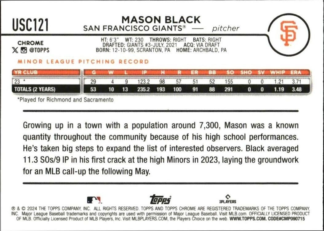 2024 Topps Chrome Update Series Mason Black #USC121 baseball trading card back