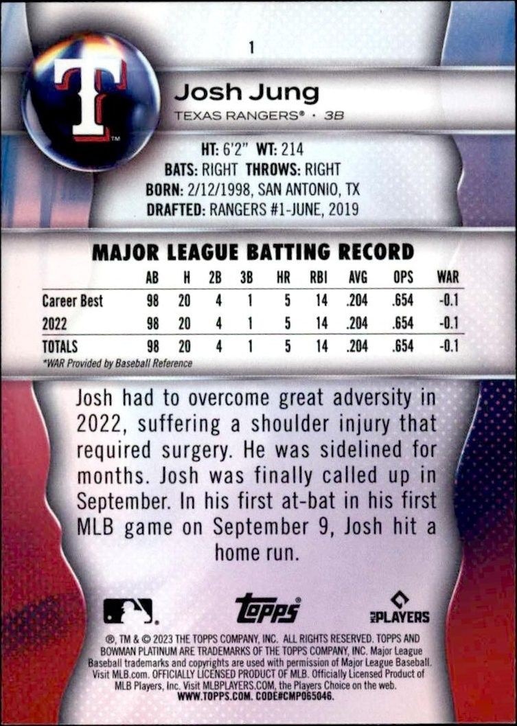 2023 Topps Bowman Platinum Josh Jung #1 baseball trading card back