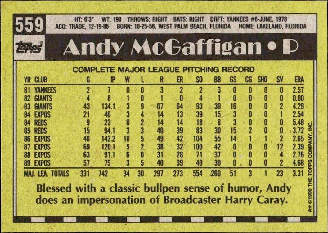 1990 Topps Andy McGaffigan #559 baseball trading card back