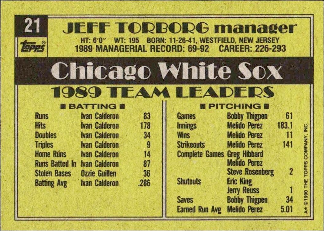 1990 Topps Jeff Torborg #21 baseball trading card back