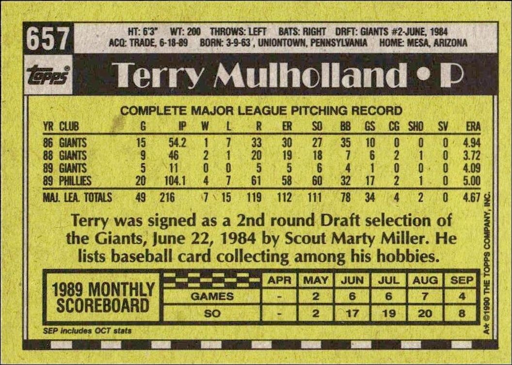 1990 Topps Terry Mulholland #657 baseball trading card back