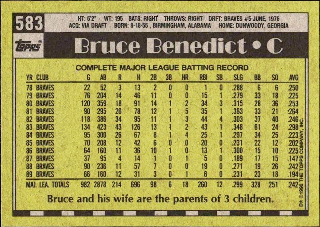 1990 Topps Bruce Benedict #583 baseball trading card back