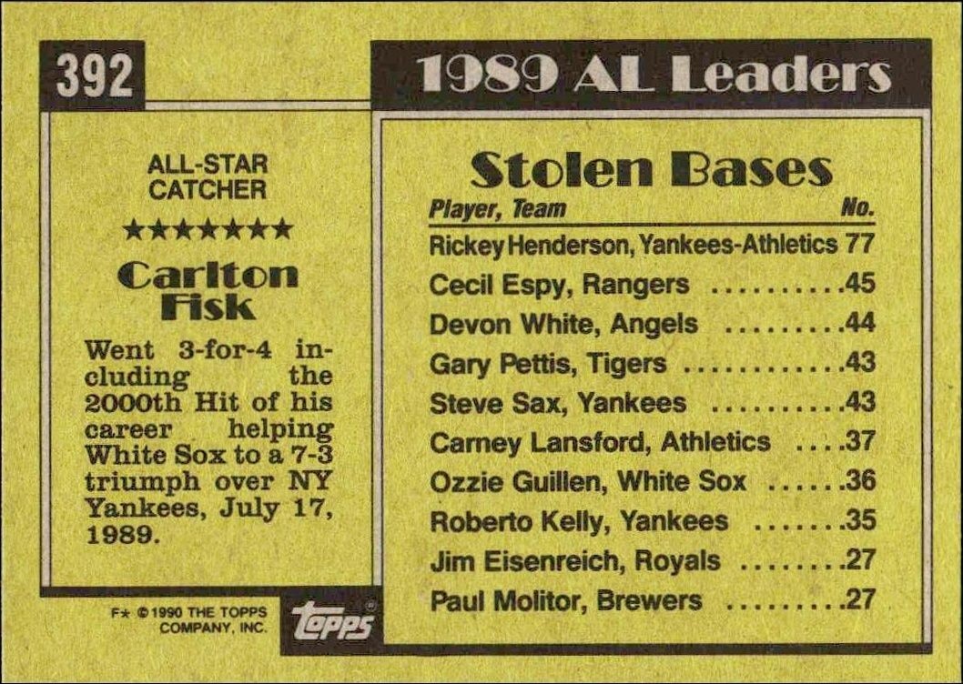 1990 Topps Carlton Fisk #392 baseball trading card back