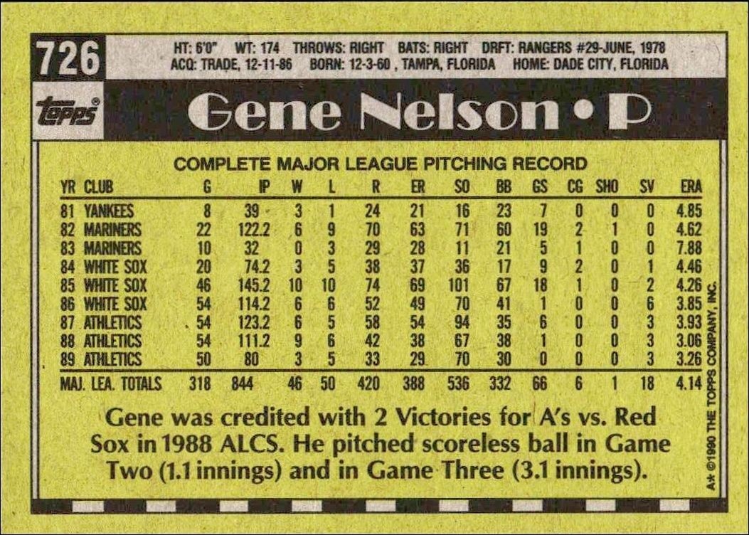1990 Topps Gene Nelson #726 baseball trading card back
