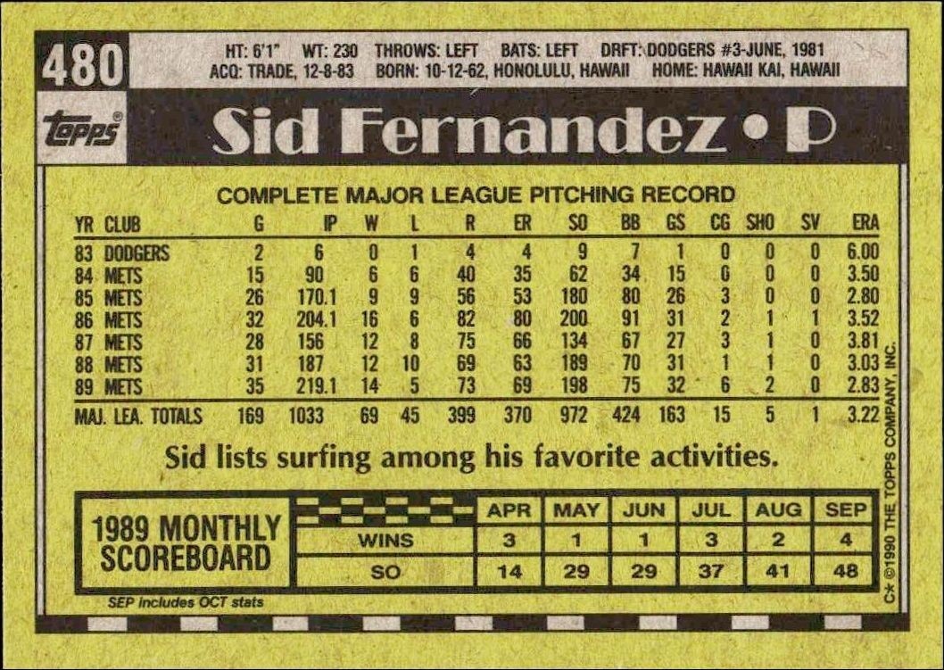 1990 Topps Sid Fernandez #480 baseball trading card back