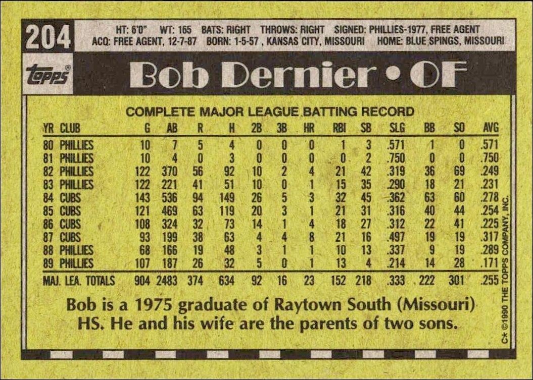1990 Topps Bob Dernier #204 baseball trading card back