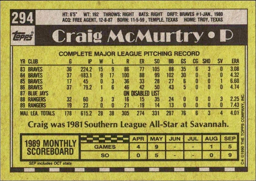 1990 Topps Craig McMurtry #294 baseball trading card back