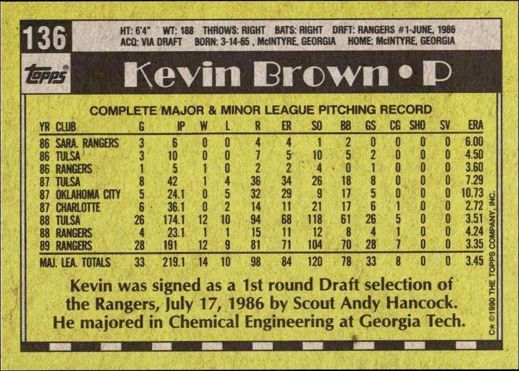 1990 Topps Kevin Brown #136 baseball trading card back