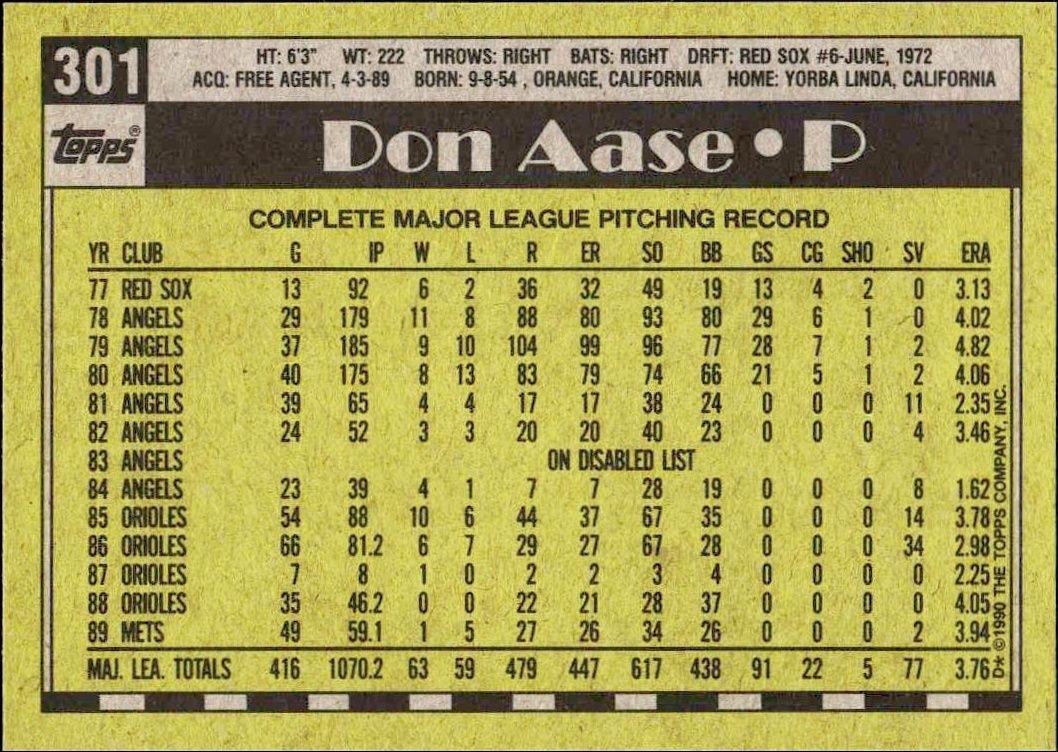 1990 Topps Don Aase #301 baseball trading card back